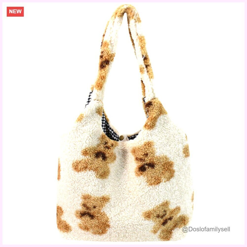 Cute Bear Plush Shoulder Bag Large Tote Handbag Faux Fur